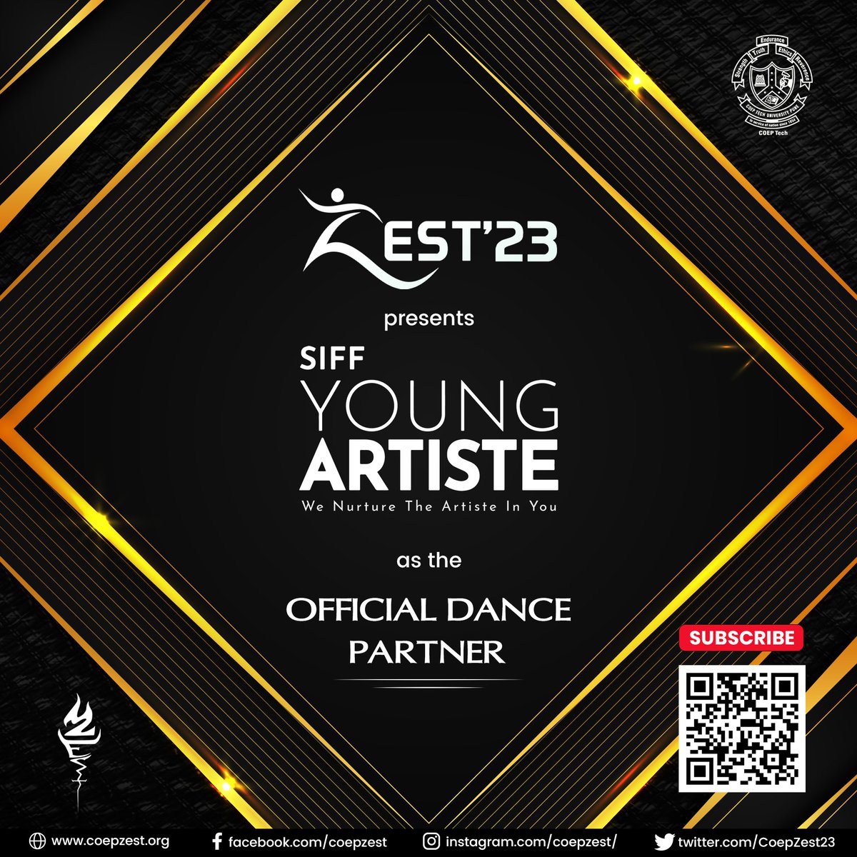 CoepZest24's tweet photo. COEP ZEST is glad to present SIFF YOUNG ARTISTE as our OFFICIAL DANCE PARTNERโก๏ธ.
It's mission is to advance arts education by offering a methodical approach for learning arts.
#sponsor #coepzest #zest23 #unleashtheinfinity #dancepartner https://t.co/kdzv6vazDk