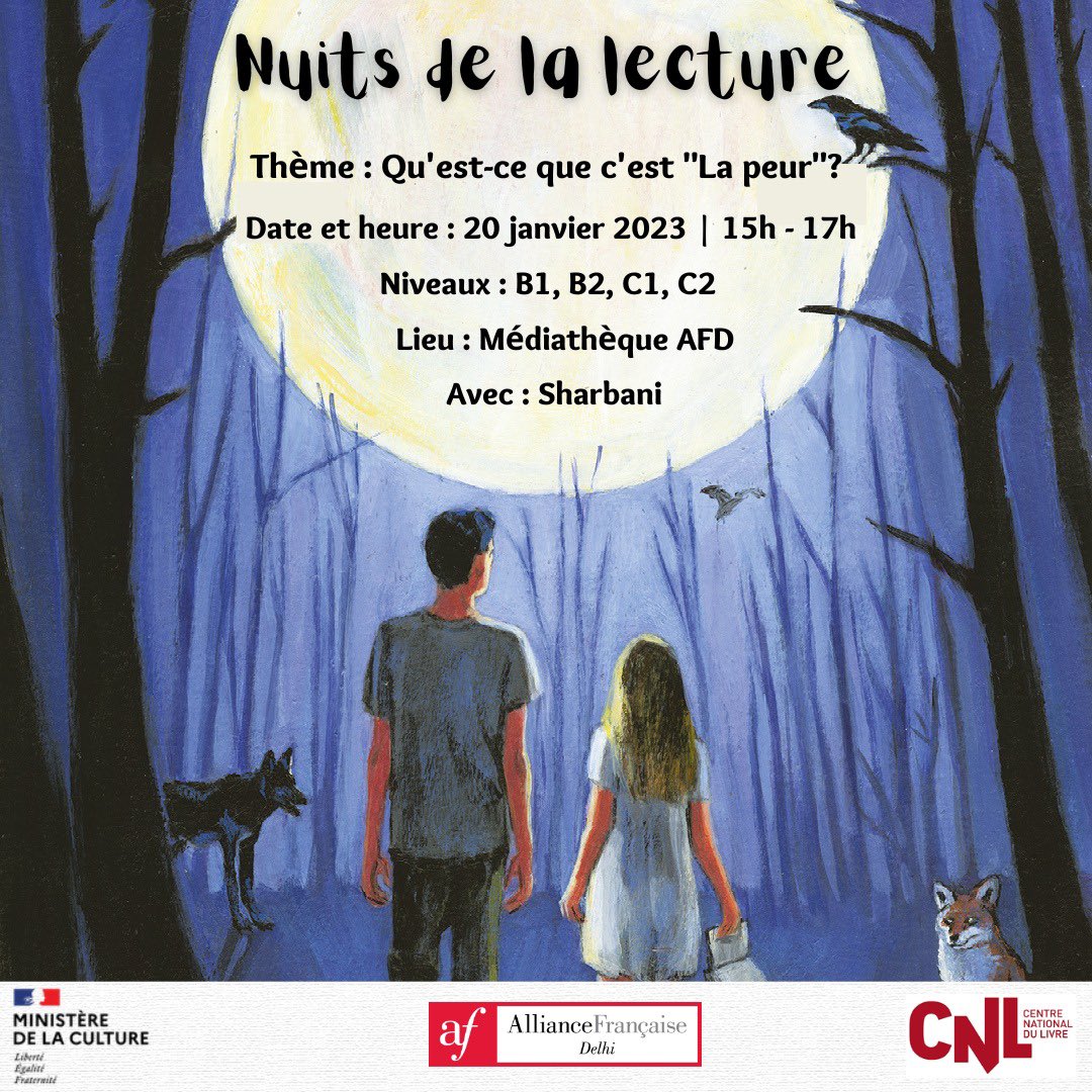 alliancefrdelhi's tweet photo. #nuitsdelalecture
Thème : Qu'est-ce que c'est "La Peur"?
Date et heure : 20 janvier 2023 | 15h - 17h
Niveaux : B1, B2, C1, C2
Lieu : Médiathèque AFD
Avec : Sharbani
#reading #nuitsdelalecture #afdlibrary #afdelhi #frenchreading https://t.co/aY9f7pzsyZ