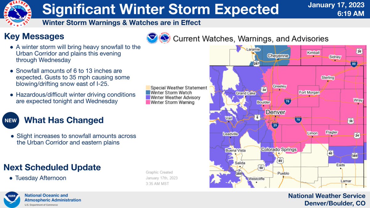 NWSBoulder's tweet photo. ⚠️Significant Winter Storm Arrives Later Today⚠️

Winter Storm Warnings in effect for the I-25 Corridor and all the Plains 5 pm today - 5 pm Wednesday. Significant snowfall &amp; difficult travel conditions develop tonight through Wed. Some blowing snow eastern plains.🧵#COwx https://t.co/aJMo2coWYw