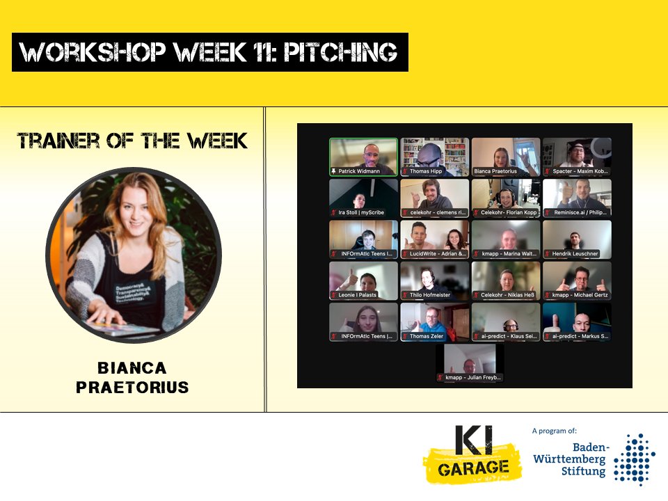 KI-Garage (@garage_ki) on Twitter photo ✈ There is a big discrepancy between how much you care as a founder and the people receiving your pitch.
🎯 Our eleventh workshop with our workshop leader <a href="/bancia/">bianca praetorius 🇪🇺👩🔧</a> on the topic “Pitching” had great insights and hands-on recommendations. Thank you again, Bianca ! ✈ There is a big discrepancy between how much you care as a founder and the people receiving your pitch.
🎯 Our eleventh workshop with our workshop leader <a href="/bancia/">bianca praetorius 🇪🇺👩🔧</a> on the topic “Pitching” had great insights and hands-on recommendations. Thank you again, Bianca !