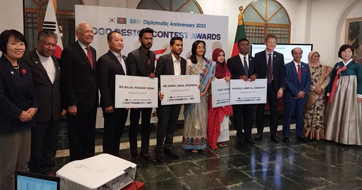 bhfaisal_'s tweet photo. The government of the Republic of Korea and Bangladesh unveiled the official logo for the 50th anniversary of Korea-Bangladesh diplomatic relations in 2023 at the award-giving ceremony of the logo design contest at the Korean Embassy. 
Got 2nd position in the competition. https://t.co/g75EjgttAB