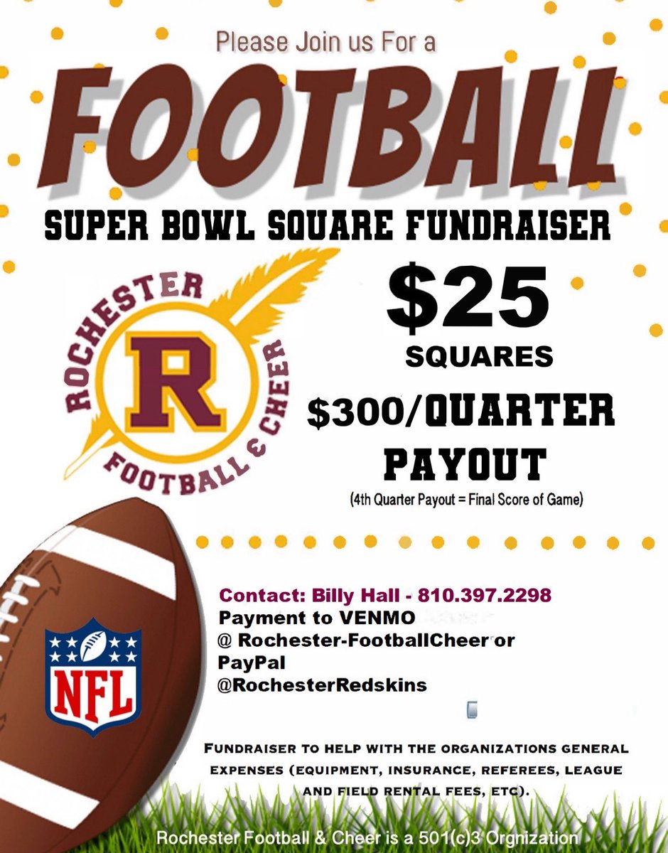 It’s that time of year!! 🏈 It’s always more fun when you have squares during the game!! 

Please consider purchasing a SuperBowl square to support Rochester Football and Cheer’s general expenses this year! Payment info is noted.
