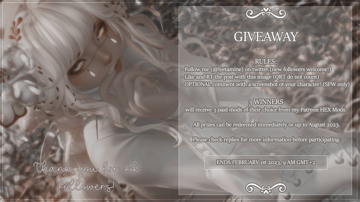 🤍 4K FOLLOWERS GIVEAWAY!! 🤍

Win FREE mods of your choice from my collection of paid mods. 

Follow me + ♥️+🔁this tweet. New followers welcome!
Optional: reply with a pic of your WoL!

ENDS: Feb 1st @ 9 AM GMT+2

* more info in reply! please read before participating! *