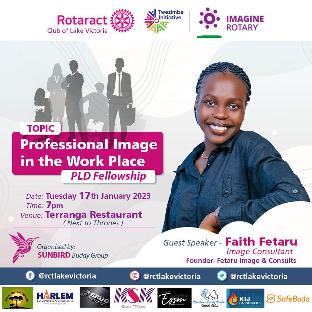 It will be a pleasure speaking and sharing knowledge with the Roteract Club of Lake Victoria tonight.

This shall be at Terranga Restaurant, Bugolobi at 7pm EAT.

Entrance is free.🤍

#ImageConsulting
#ProfessionalImage
#Fetaru
#Presentation
#Training