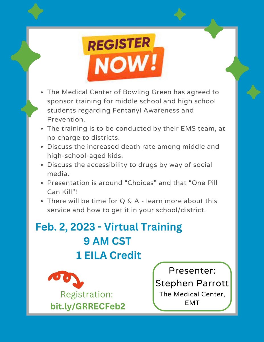 <a href="/GRRECKY/">GRRECKY</a> School Counselors, Mental Health, Administrators, FRYSC, etc - join us Feb. 2 to learn more about Fentanyl Awareness and Prevention. This is a free virtual training. Also learn how to get this presentation free at your school for teachers, students and parents.