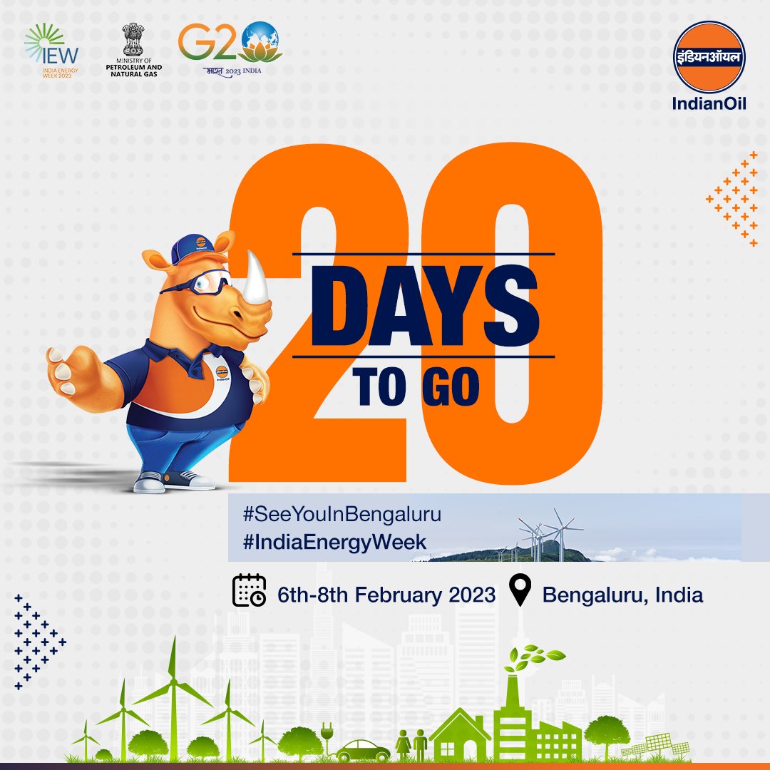 IndianOilcl's tweet image. Step into the era of growth, collaboration and transition with cutting-edge initiatives and innovations. IndianOil is geared up for #IndiaEnergyWeek 2023, are you? 
See you in Bengaluru from 6th-8th February!!
#20DaysToGo #IndianOil