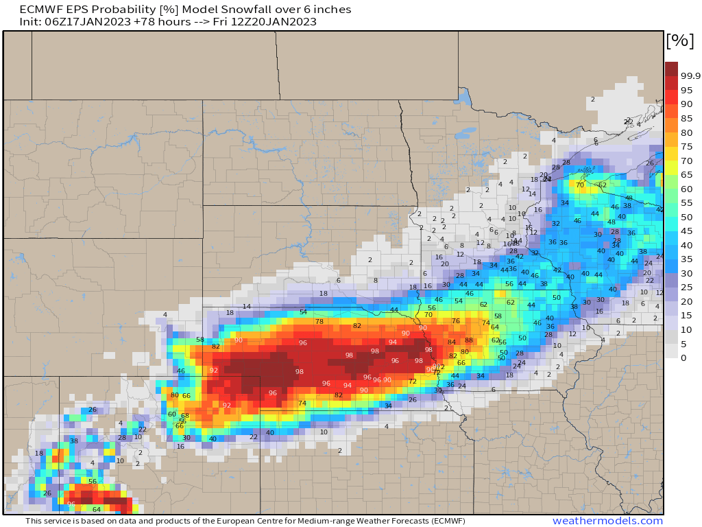 VBryan_wx's tweet photo. European data locked in to a widespread swath of 6+" of #snow across Nebraska and extending Northeast into N IA / S MN❄️

%'s for 12+" target Central part of NE for highest risk

Peak of the snow for these areas comes Wed AM - Thu AM before moving Northeast

#NEwx #IAwx #MNwx https://t.co/EBKOn6CRG9