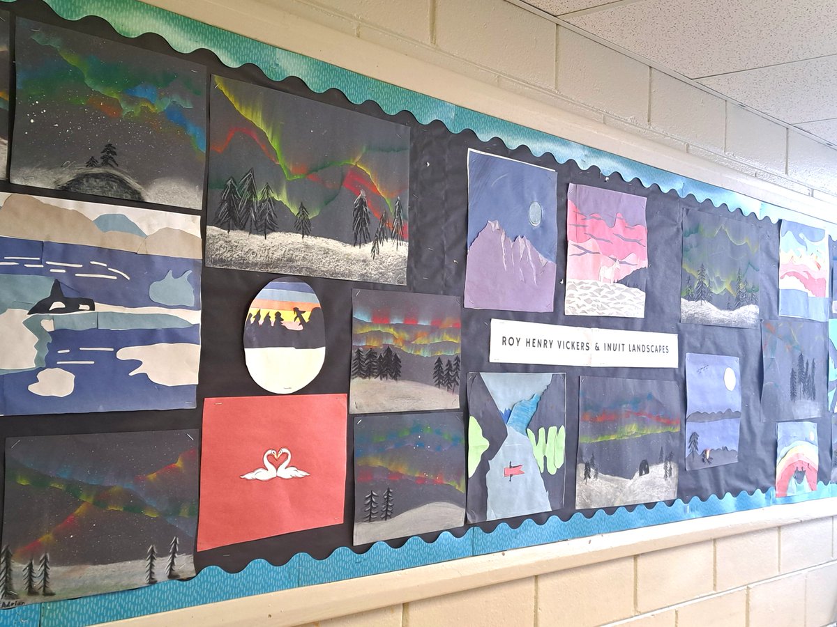 ChistineDeckert's tweet photo. Some eye candy on a gloomy winter day, beautiful artwork made by our grade 7/8's. 👌😍
Northern Landscapes &amp; Roy Henry Vickers inspired. Great collab, Mr.K!
@frontenacLRSD @LRSDschoolboard https://t.co/000o4kRBjD