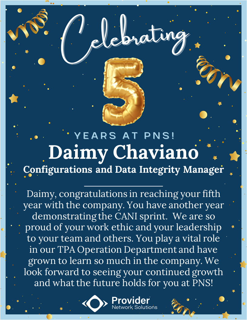 PnsSolutions's tweet photo. Happy Anniversary Daimy Chaviano! Your C.A.N.I mindset has not only made you a valuable member of the TPA Operations Department but of the company as a whole. Here's to many more years of embracing our core values together!

#pns #providernetworksolutions #pnscares #5years #tpa https://t.co/ZzWw8xaruv