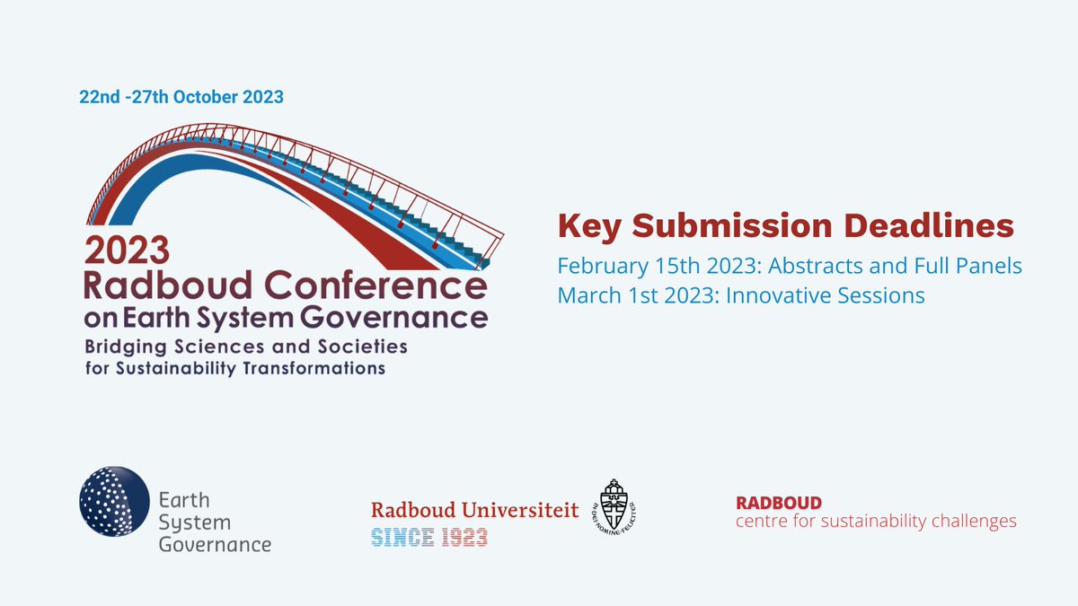 Have you considered submitting a proposal for the 2023 Conference on Earth System Governance? 

⌛️There is *less than one month* until the deadline for abstracts and full panels on February 15th.