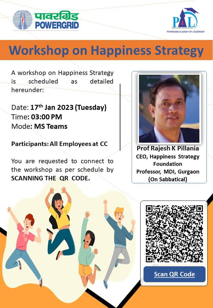 RajeshPillania's tweet photo. It was a great experience to conduct a Happiness Strategy Workshop for POWERGRID.
#happiness #HappinessStrategy #DemocratisingHappiness #HappinessSustainabilityProsperity #ProfPillaniaInsights #HappinessProfessor #IndiaHappinessGuru #IndiaHappinessProfessor https://t.co/zBRmWckfJ9