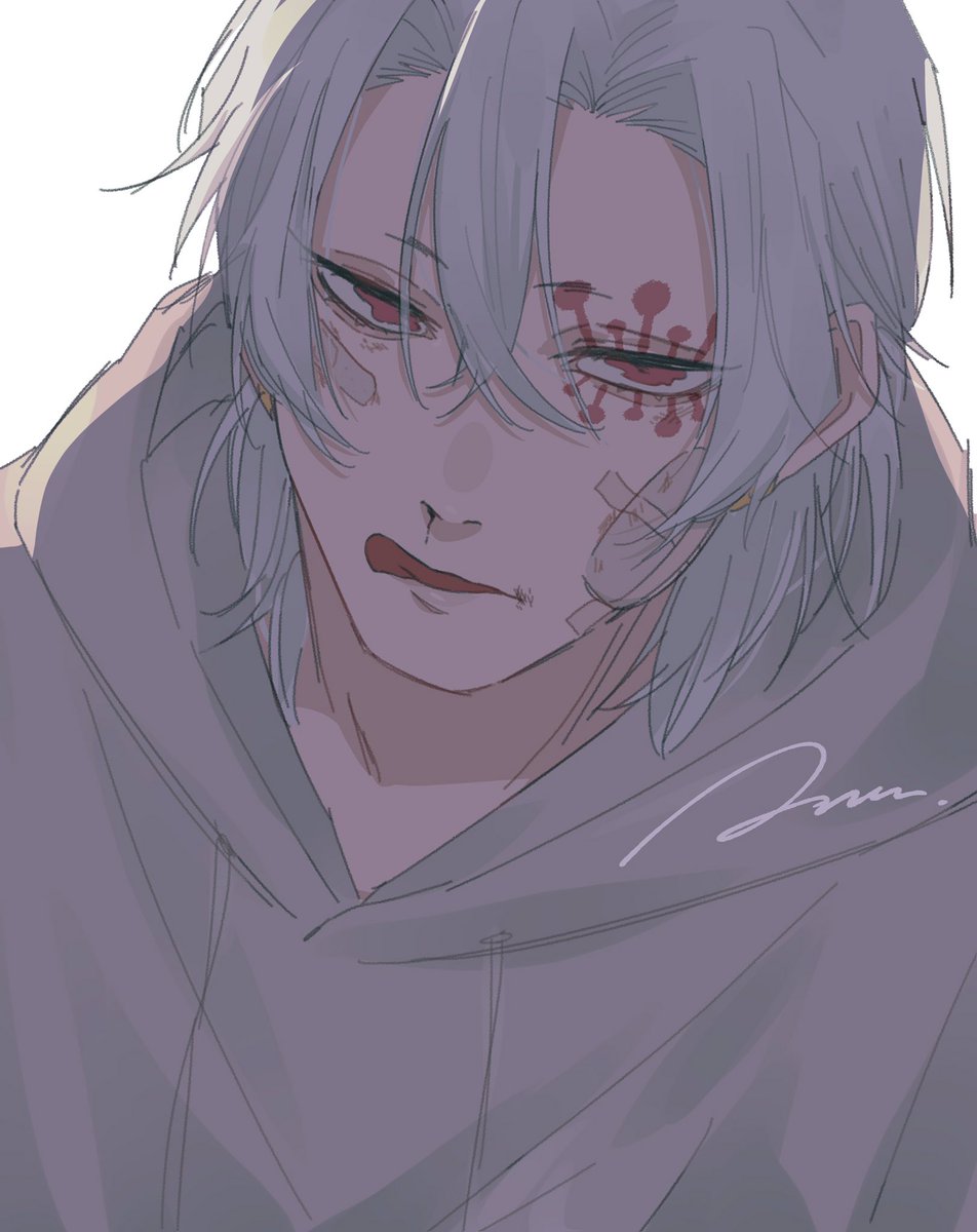 1boy bandage on face bandaid bandaid on cheek bandaid on face earrings grey hair  illustration images