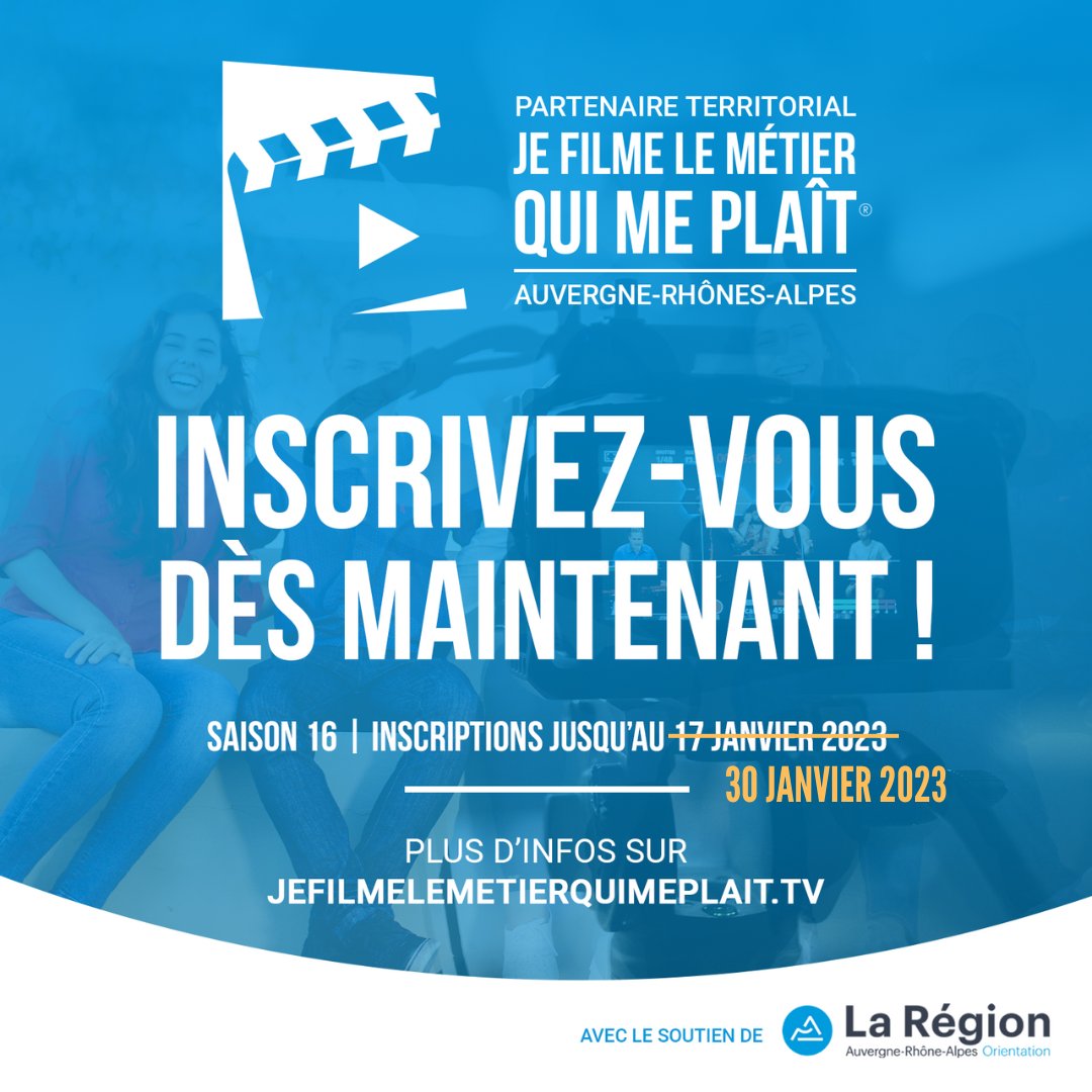 AURAOrientation's tweet image. 🎬 #JFLMQMP : prolongation des inscriptions jusqu'au 30 janvier 2023 !

N'attendez plus et participez au concours "Je Filme Le Métier Qui Me Plaît". 
L'objectif ? Réaliser une vidéo de 3 minutes sur la découverte d'un #métier.

Toutes les infos ici➡️ bit.ly/3FZeGbY