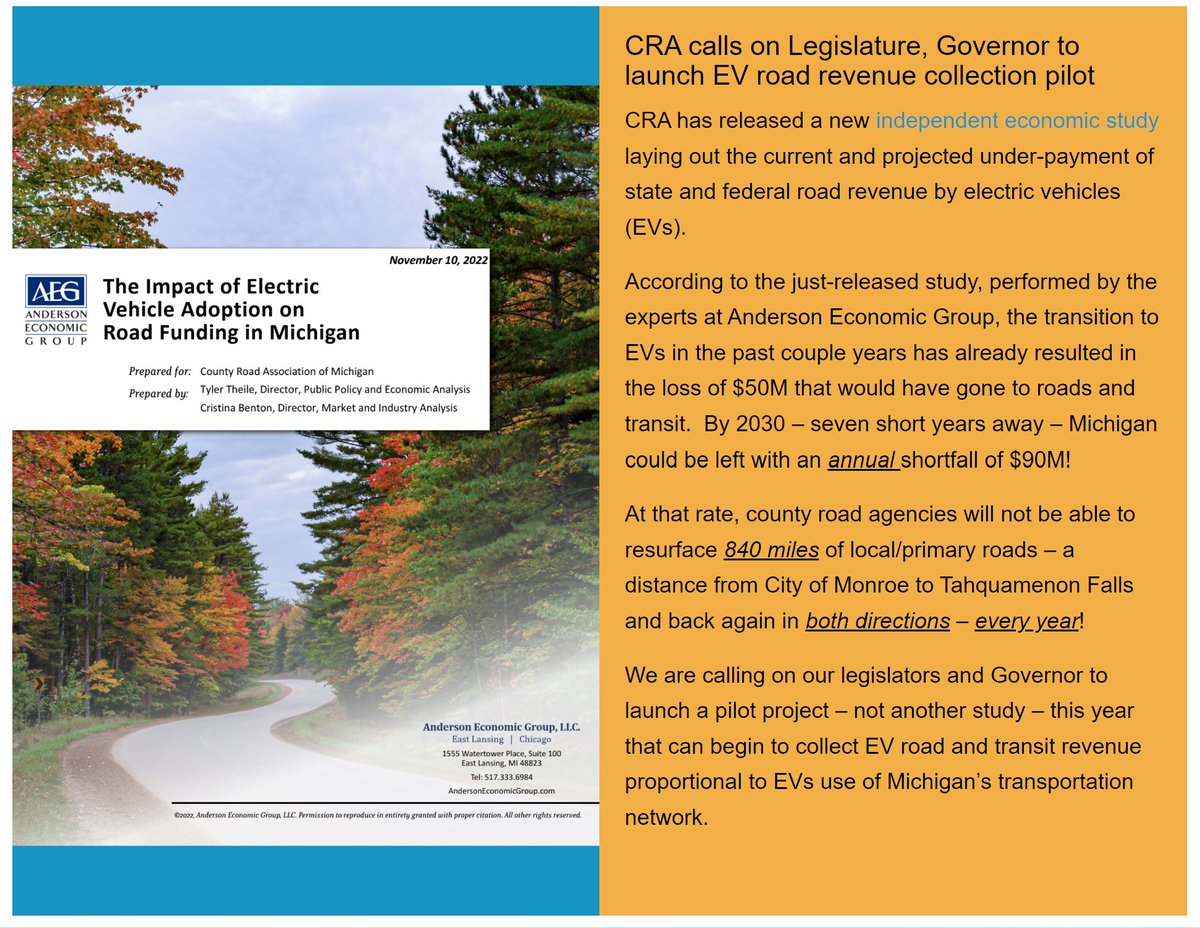 Michigan county road agencies are eager for our leadership in Lansing to take action to address the current and future loss of road funding during the transition to EVs. Read our study here: ow.ly/Za7O50MsKSG <a href="/GovWhitmer/">Governor Gretchen Whitmer</a>