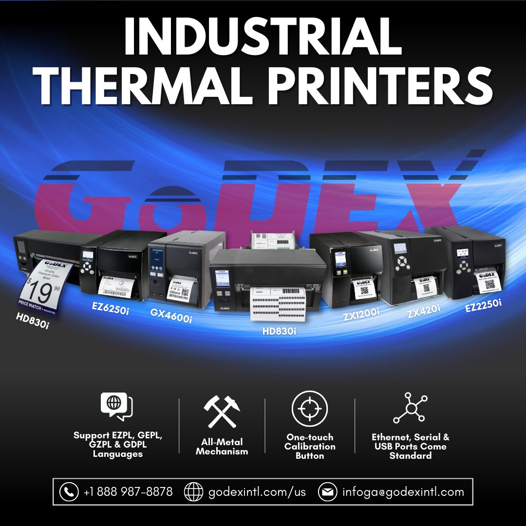 GoDEXAmericas's tweet image. GoDEX Industrial Thermal Printers 🛠:
 
#GoDEX #GoDEXPrinter #ThermalPrinter #LabelPrinter #BarcodePrinter #Label #Barcode #Printer #Manufacturing #Technology #WeHaveStock #InStock #ReadyToShip #SameDayShipping #SupplyChain #DirectThermal #ThermalTransfer