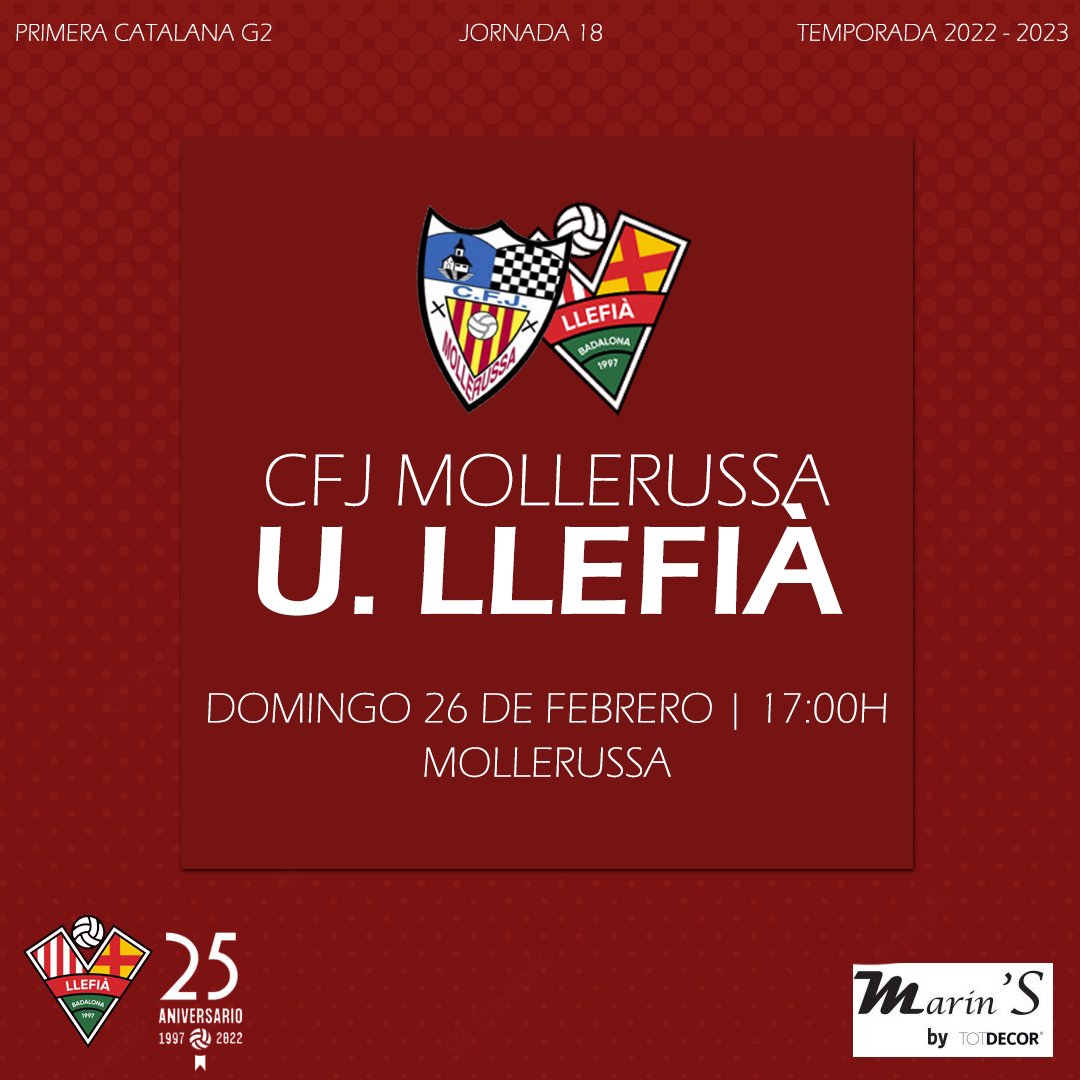 𝗔𝗠𝗔𝗧𝗘𝗨𝗥 || #MATCHDAY 

⚽ J18 Primera Catalana G2
🆚 @FCJMollerussa
📆 Domingo 26 de febrero 
⌚ 17:00h
🏟️ Mollerussa
📱 Directo vía Twitter 

#SienteLaLlefi 🔴⚪ #1cat2 #Llefia #Badalona