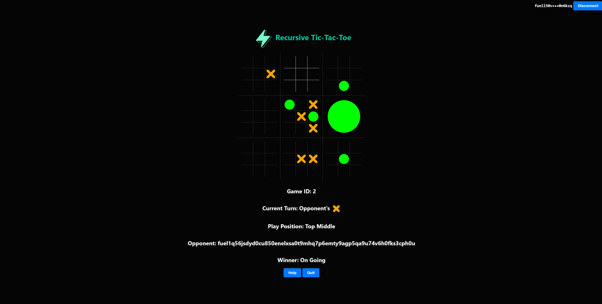 0xProteus's tweet photo. Just built a small dapp to play a game of recursive tic-tac-toe on Fuel by @fuellabs_  .  You can check it out here: https://t.co/rzW05TDjFb https://t.co/8WkgeTqyxa