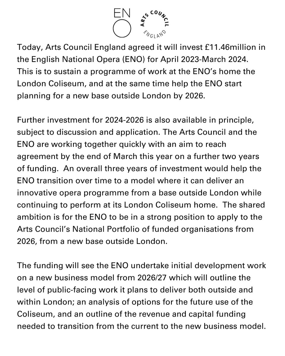 ace_national's tweet photo. A joint statement from Arts Council England and English National Opera.

Read more > https://t.co/yLpkqhv2hn https://t.co/r8RkRv730z