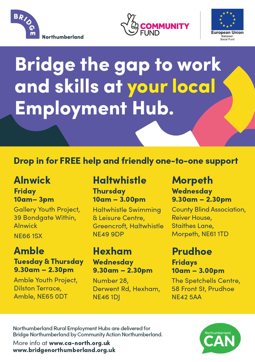 Don't forget we still have six employment hubs open every week - free 1-2-1 support with job searching. 

See below for locations and times. All welcome <a href="/CANorthld/">Community Action Northumberland</a>