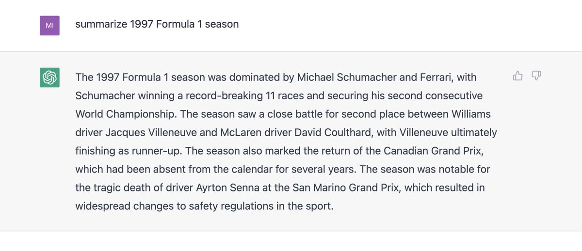 f1scope's tweet photo. When asked #ChatGPT  about #Formula1 1997 Season. Disappointing... #F1Scope https://t.co/weuHQ8CIPv