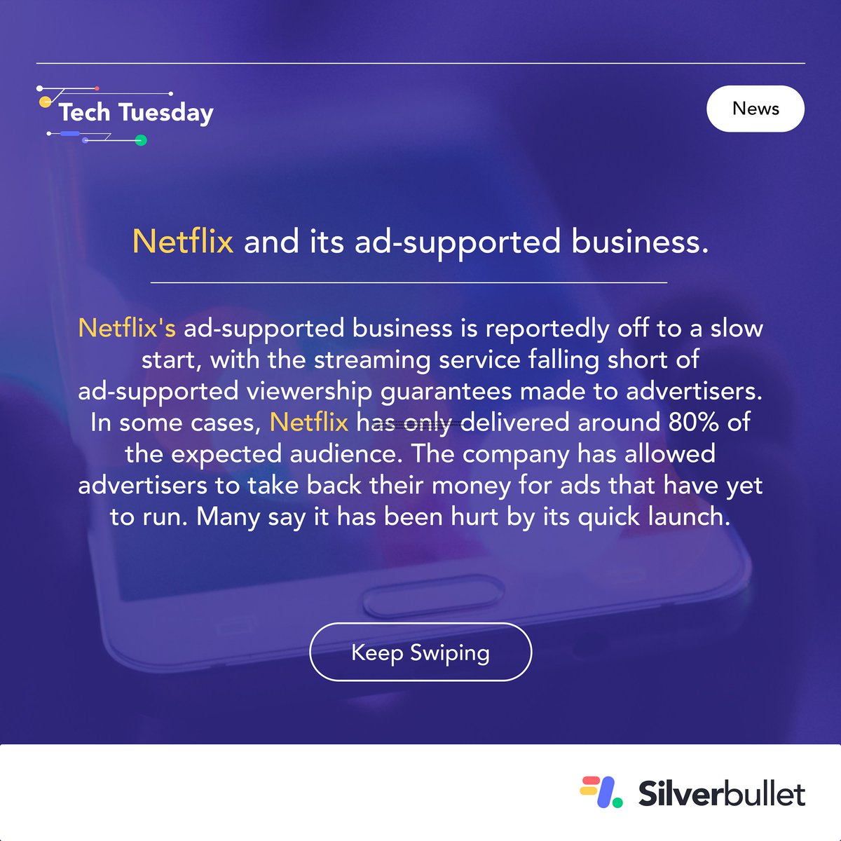 Silverbullet_HQ's tweet photo. It's #TechTuesday, and this week we're discussing Netflix's ad-supported business model, publishers exploring post-cookie solutions and new video guidelines set by the IAB Tech Lab.
Swipe to find out more 👉
#advertisingandmarketing #netflix #postcookie #videomarketing https://t.co/eQPC4UlFfX