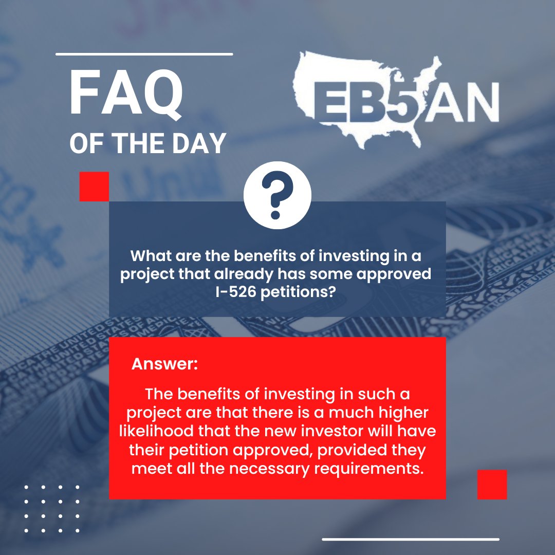 EB5AN's tweet image. FAQ of the day: What are the benefits of investing in a project that already has some approved I-526 petitions? #EB5ANFAQS

Click here to learn more: | bit.ly/Investingappro…
#EB5investment #eb5projects  #EB5RegionalCenter  #eb5investment #eb5visarequirement #i526petition