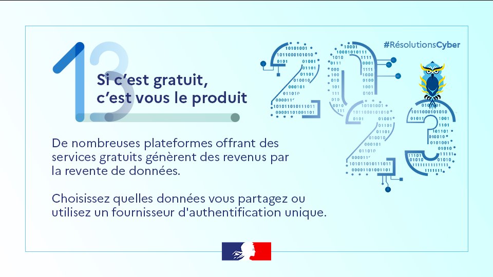 ⚠️ Sur #internet, quand il ne faut pas payer, ça peut rimer avec récupération de vos données !
☝️ Avant d'opter pour un service offert, je me renseigne sur sa provenance.
💬 Et vous, quelles sont vos #RésolutionsCyber ?