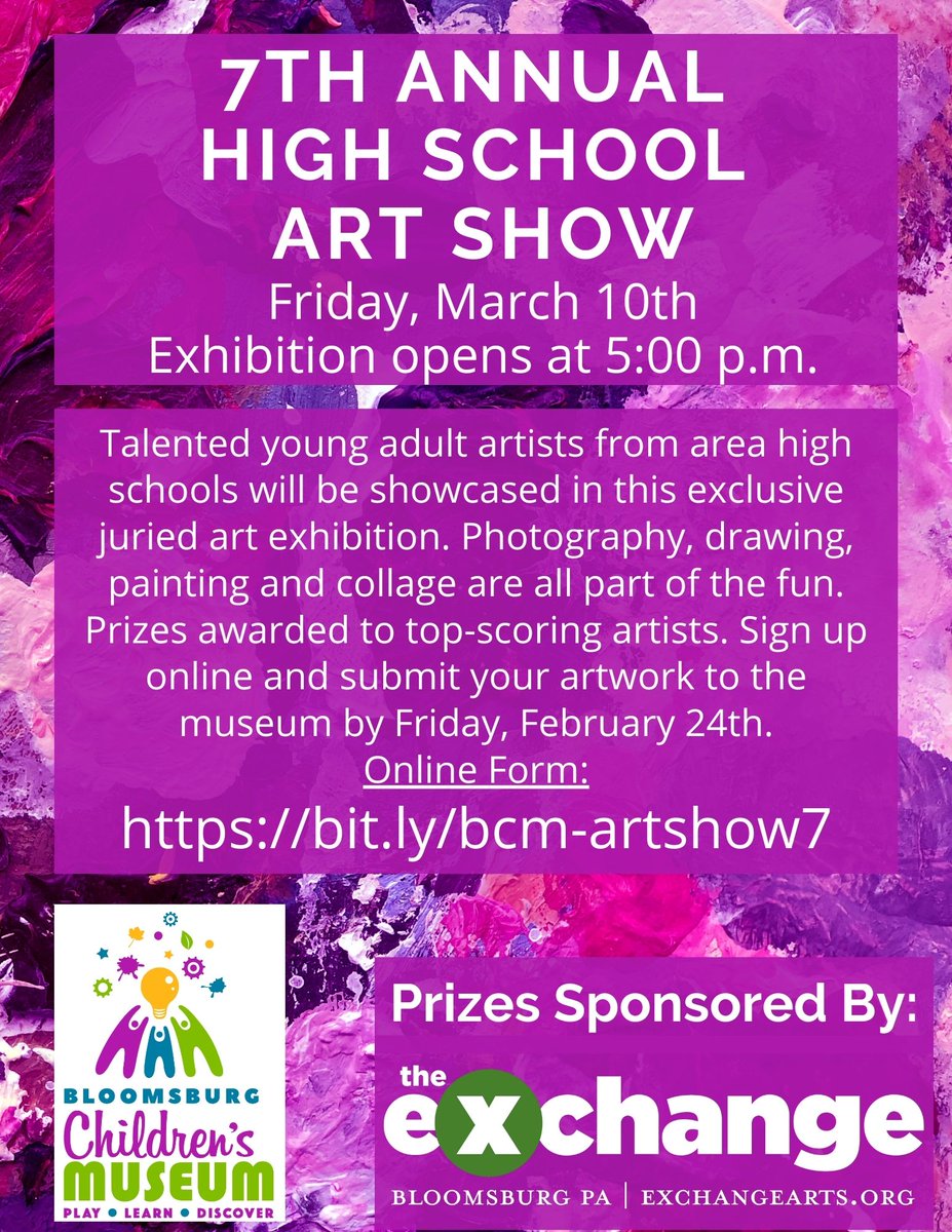 CSIU16's tweet photo. The Bloomsburg Children's Museum is hosting its' 7th Annual High School Art Show on March 10, 2023!
To enter a project (FREE to enter), submit artwork by Feb. 24 and register online at https://t.co/fu5HFN27Dg
#supportthearts #highschoolart #annualartexhibition #artshow #CSIU https://t.co/MDq6Hm4FJt