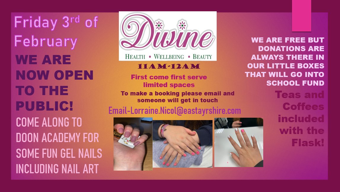 DoonAcad's tweet photo. ‘Divine Nail Bar’ ran by some of our talented senior phase pupils is now opening to the public from Friday the 3rd of February. We hope you can pop along for a treatment but don’t forget to book your appointment 💅 https://t.co/cSMmfff5eV