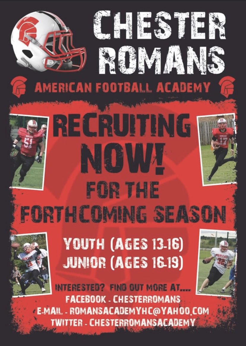 romansacademy's tweet photo. Chester Romans Academy (ages 13-19) recruiting now for new players! Come down and see what it means to be a Roman at one of our two Sunday taster sessions on 22/01/03 and 29/01/23 at Chester County Sports Club, CH2 4EU from 10am-12pm @CheshireThe @ShitChester @DeesideDotCom https://t.co/5gPFkssbrB