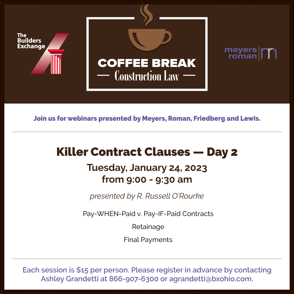 BXOHINC's tweet photo. Have you registered for the next Coffee Break webinar on Killer Contract Clauses - Day 2? You can register right here: https://t.co/QZCwh1MwfW https://t.co/ivGHkluAtl