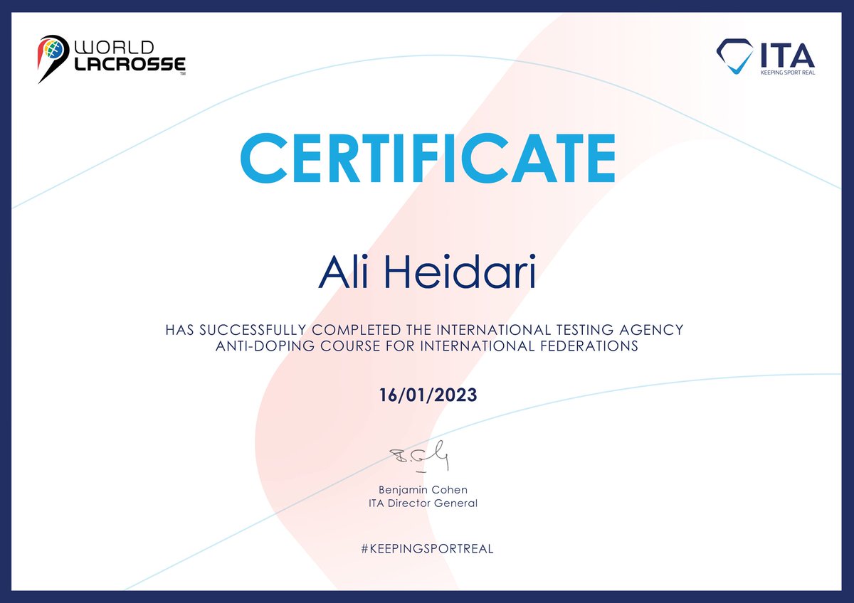 Special thanks to World Lacrosse , International Testing Agency and World Anti-doping Agency for the opportunity given to be part of this informative course.

#Keepingsportreal
@IntTestAgency
@WorldLacrosse
@lacrosseiran