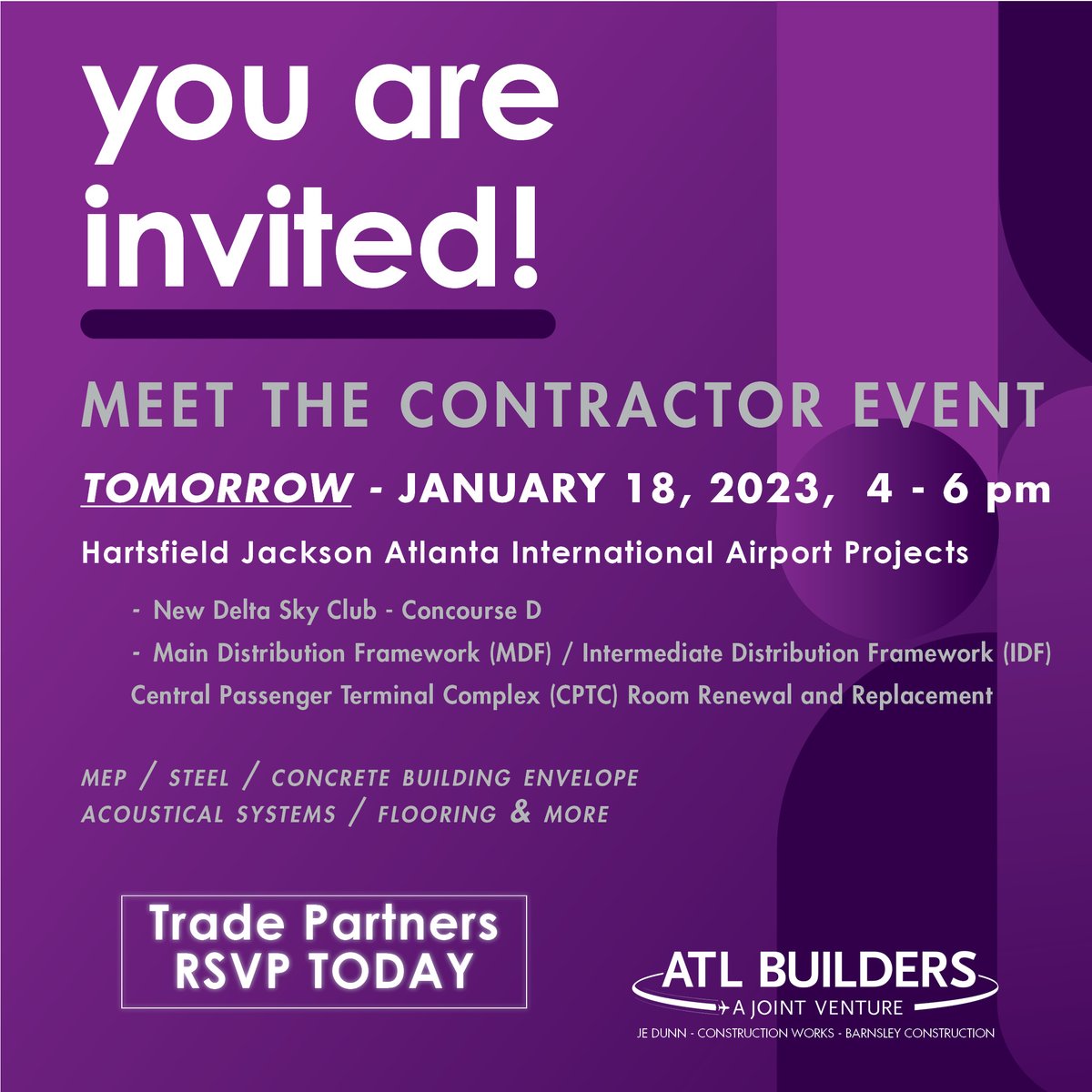 JEDunn's tweet photo. Calling all trade partners, join us TOMORRROW, Wednesday, January 18th, to learn about building opportunities at Hartsfield Jackson Atlanta International Airport – ATL.
To register visit https://t.co/O1qhVX9RBt #ATLNext #Airport #Construction #LetsBuildATL #diversity https://t.co/ArZxFEyeFi
