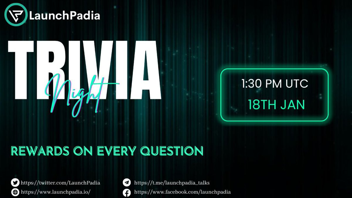 LaunchPadia's tweet photo. LAUNCHPADIA PRESENTS
TRIVIA NIGHT

▪️DATE - 18th JAN, 2023
▪️TIME - 1:30 PM UTC
▪️VENUE - https://t.co/k6wXjegEFb

Are you all ready to party? We’re having a QUIZ NIGHT tomorrow! 

Invite your friends and family to have fun and earn rewards!!!

#marketingagency #digitalmarketing https://t.co/j5tprnX8yq
