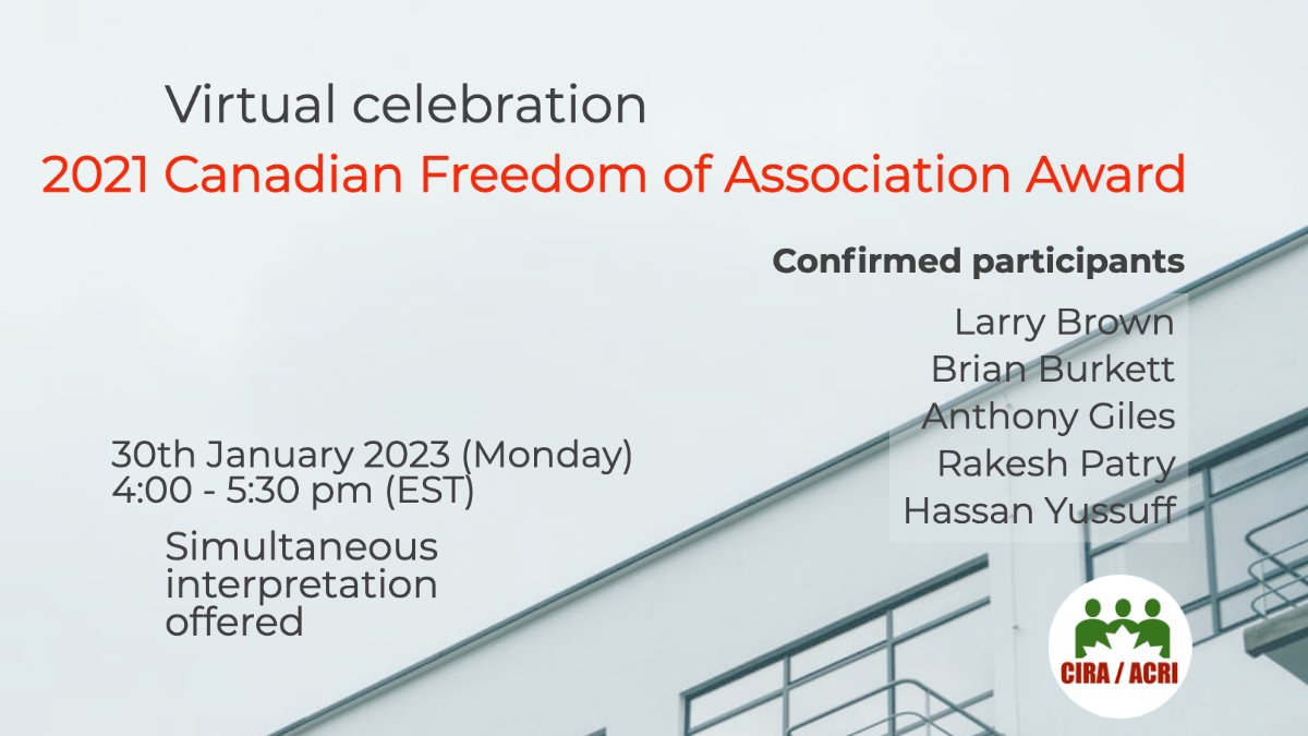 TheLawofWork's tweet photo. Canadian Industrial Relations Association (@cira_acri) is hosting a Zoom webinar to celebrate recipients of 2021 Freedom of Association Award on Jan. 30, who played a big role in Canada's ratification of @ILO Convention 98 in 2017:

https://t.co/FiVQF5sFeA 

Everyone is welcome! https://t.co/UwYfo9GFjY