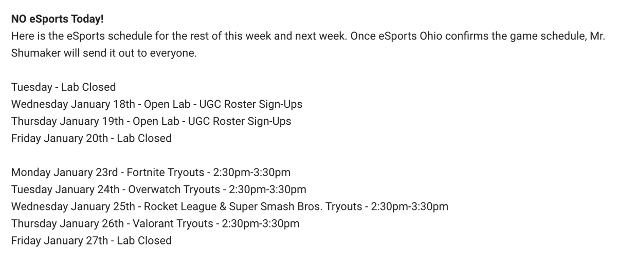 LHS_Now's tweet photo. No eSports today. The lab will be open Weds and Thurs this week. Attached is the schedule for this week and next week: https://t.co/u2Y5MK3S1p