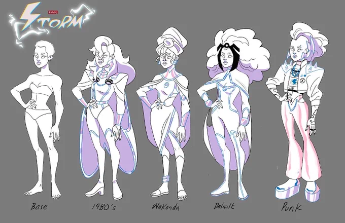 Trying to build up my character design portfolio this year and assigning myself "homework" to do lolThis week I'm doing a character design packet for Storm here some costume designs !(color &amp; b/w) 
