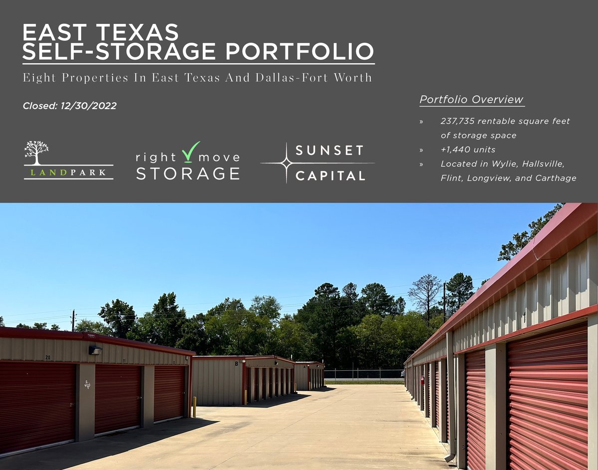 LandParkCRE's tweet photo. We're pleased to announce our recent acquisition of an eight property self-storage portfolio in East Texas!
#commercialrealestate #texascre #selfstorage #LandPark #RightMoveStorage 

https://t.co/CU4ZJ0AaOs https://t.co/JzeYG5JRFz