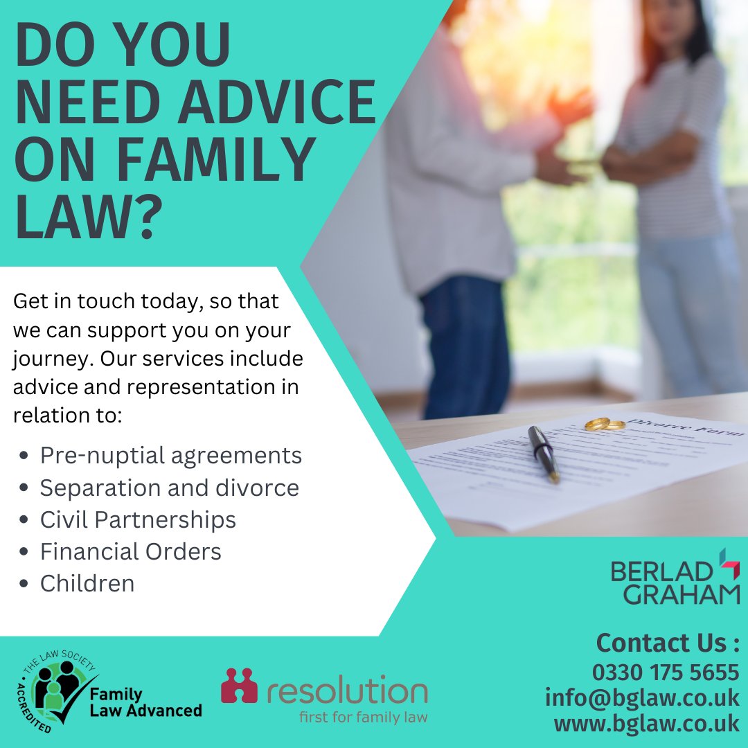 Do you need advice on Family Law? 
Contact us today to learn more about what we can do for you.

#BerladGrahamSolicitors #familysolicitor #familylawyer #divorcelawyer #divorce #divorcesupport #prenuptialagreement #familylaw #separation #civilpartnership #legaladvice #legalhelp