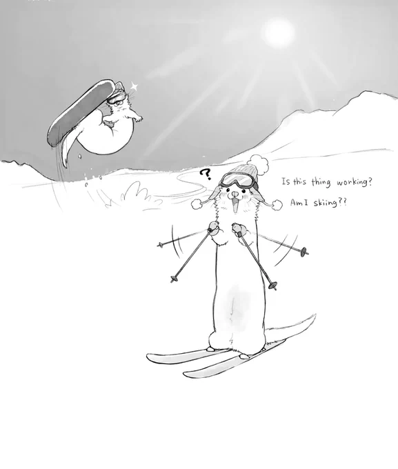 Requested Ferret Doodle "One ferret skiing - ski poles do not reach the ground because arms are too short - and one ferret snowboarding without problem." 