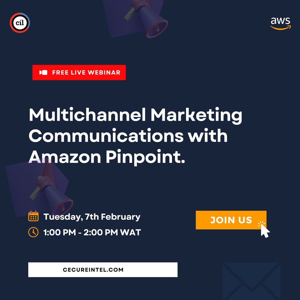 cil_teams's tweet photo. Increase the efficiency of your multi-channel marketing communications with Amazon Pinpoint. Join our Webinar to learn more. Tuesday 7th February 2023. 1:00 pm to 2:00 pm WAT. 
https://t.co/qvP4JUUs29

#emailmarketing #digitalmarketing #aws #amazonpinpoint https://t.co/T3VFUseqBY