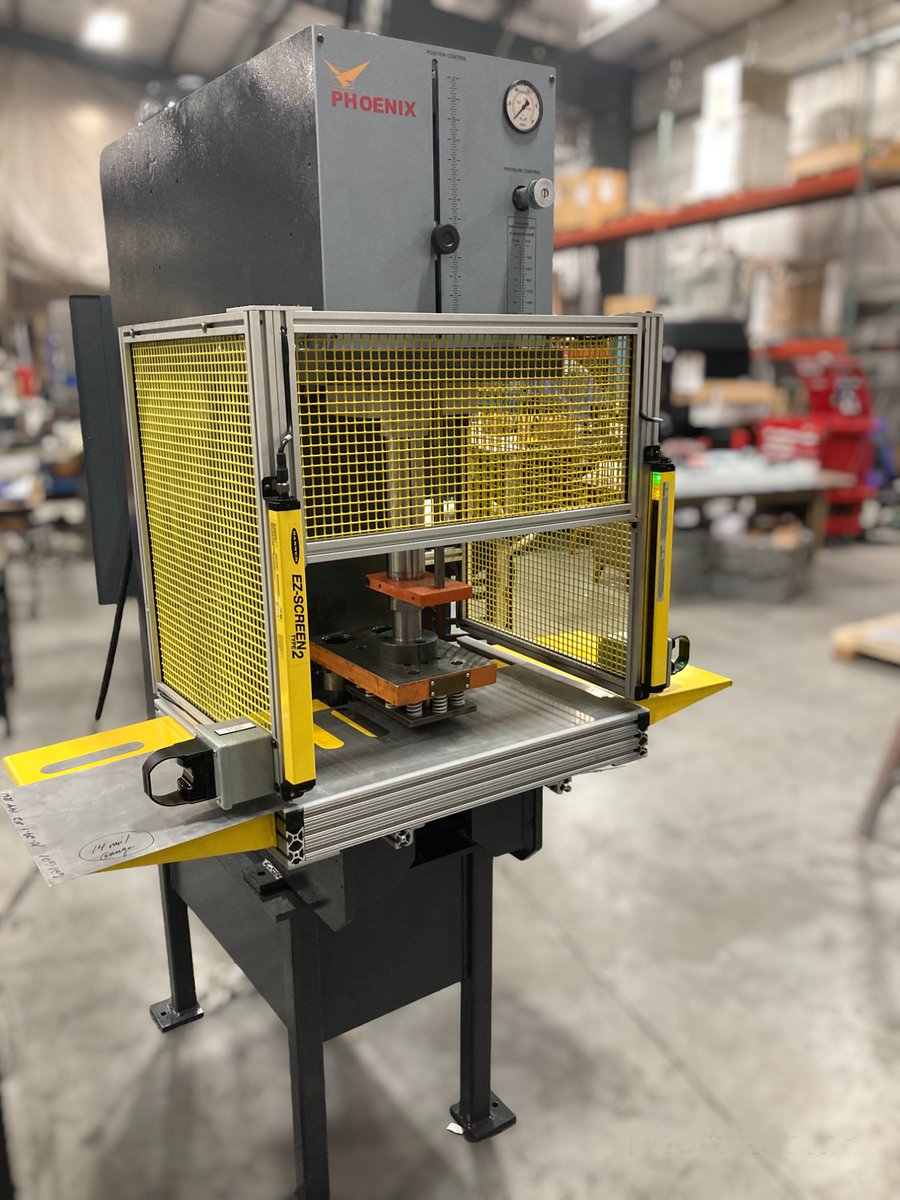 We recently replaced a customer’s aging 12T C-frame with this new PHX-12 hydraulic press complete with guarding and light curtains. It also seamlessly incorporates their punch tooling and ram adapter. Contact us at sales@phoenixhydraulic.com for all your hydraulic press needs.