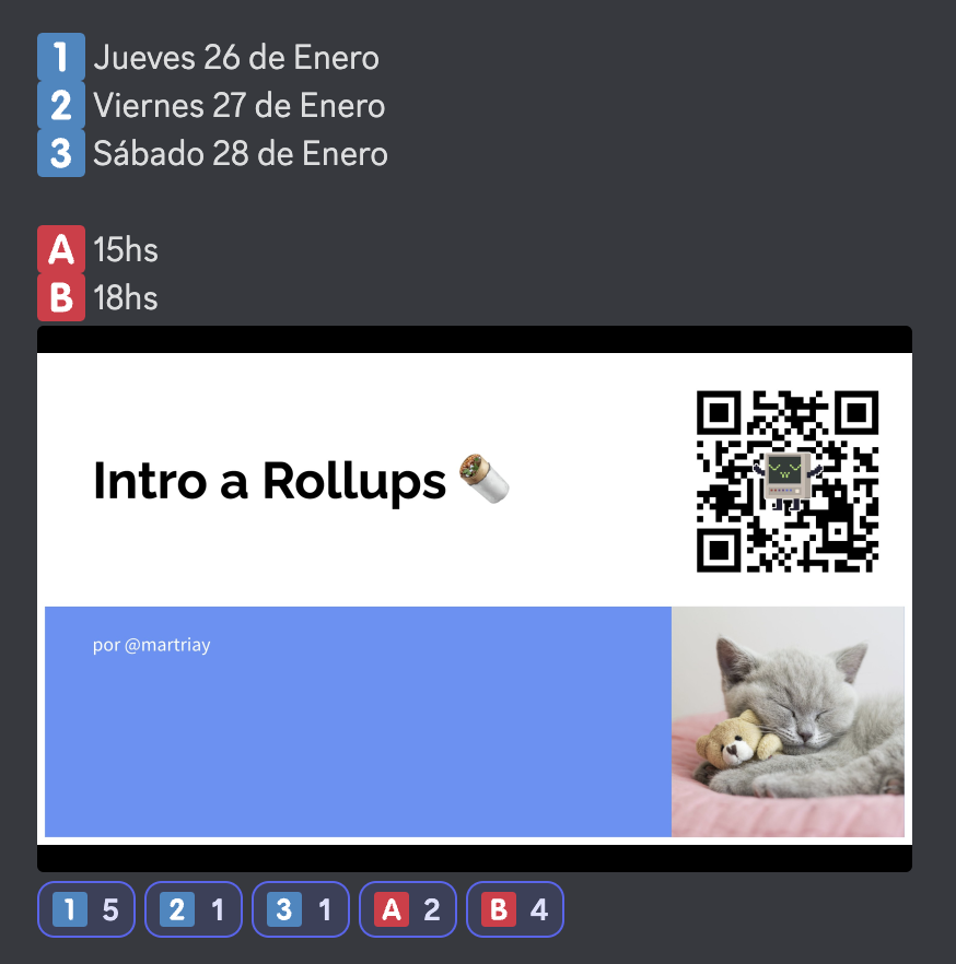 martriay's tweet photo. se viene el stream de intro a rollups!

qué es un rollup, por qué sirven para escalar blockchains, qué tipos hay, y todo lo que necesitás para confundir en la mesa familiar cuando hacen preguntas personales incómodas

pueden votar hora y fecha en discord
https://t.co/tfLlP8LSKI https://t.co/E9CFs6Di6r