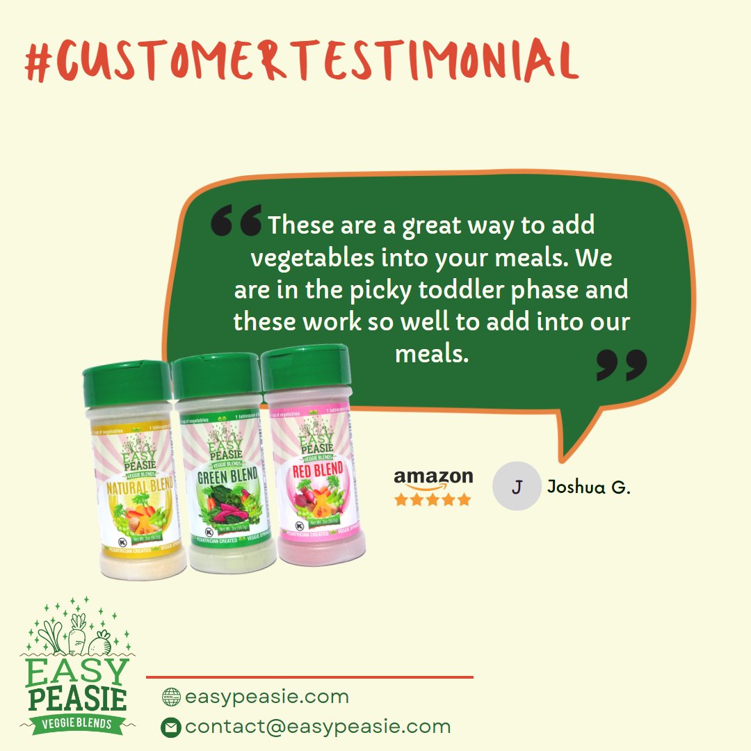 easypeasieco's tweet photo. Thanks for the review, Joshua! We're always happy to hear when our products make mealtime a little easier, especially with picky eaters in the mix.
#easypeasie #veggiepowder #healthykids #momapproved #pickeater #pickyeaterapproved #customerfeedback #customertestimonial https://t.co/ulWmJMI47a