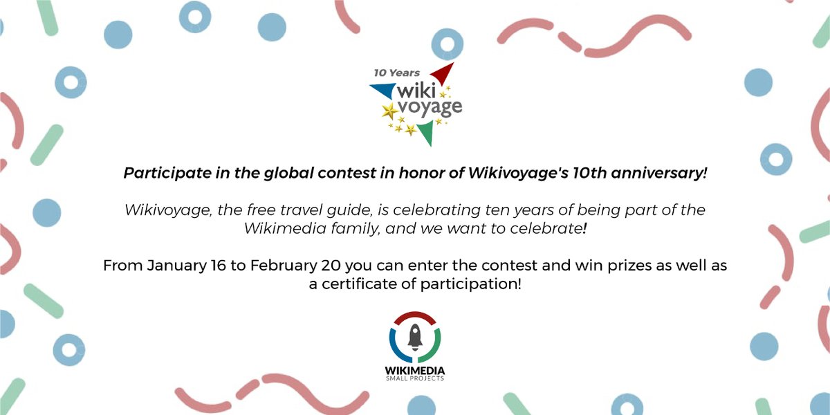 wmspug's tweet photo. #Wikivoyage ha cumplido diez años, ¡y queremos celebrarlo! 🎉
Hasta el 20 de febrero podrás participar de este concurso del décimo aniversario en el que podrás obtener premios y un certificado de participación. ✨
Conoce más del concurso en este enlace: https://t.co/GAnuAXhzF3 https://t.co/NpPo5OUYHM