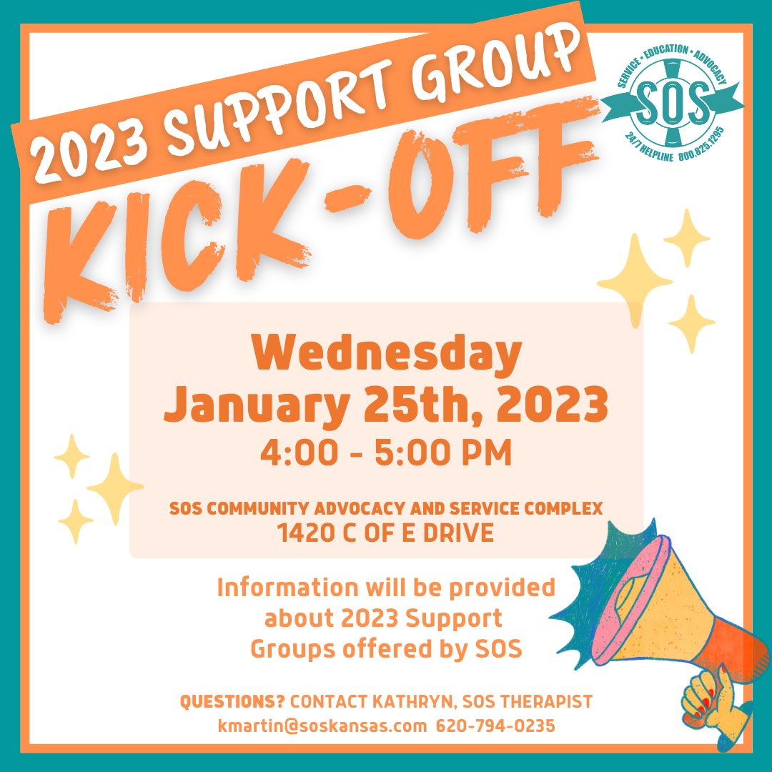 SOSKansas's tweet photo. Come learn about SOS Support Groups! Information will be provided about 2023 Support Groups offered by SOS. 

2023 Support Group Kick-Off
Wednesday, January 25th 4:00 to 5:00
SOS Community Advocacy and Service Complex
1420 C of E Drive https://t.co/uvlwPPgjvK
