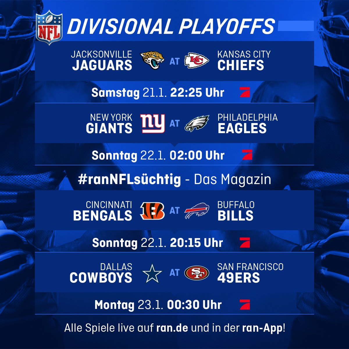 #ranNFL, Divisional Playoffs: SA 22:25 AFC #JAXvsKC @EsumePatrick @BjoernWerner @Icke41 SO 2:00 NFC #NYGvsPHI @CSpengemann @RomanMotzkus @Max_Zielke SO 20:15 AFC #CINvsBUF @stecker_jan @EsumePatrick @Icke41 MO 0:30 NFC #DALvsSF @CSpengemann @volkerschenk26 @Max_Zielke