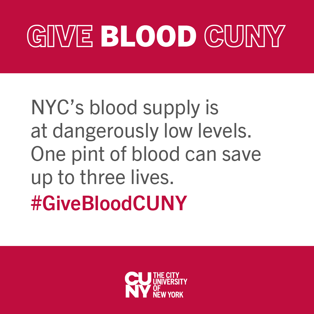 BklynCollege411's tweet photo. NYC's blood supply is at dangerously low levels. One pint of blood can save up to three lives. Do your part and help save a life. #GiveBloodCUNY 

Schedule an appointment to give today with the @NYBloodCenter:
🤳 800.933.2566 
💻 https://t.co/zXertPX6IR https://t.co/YLqL7zjVNF
