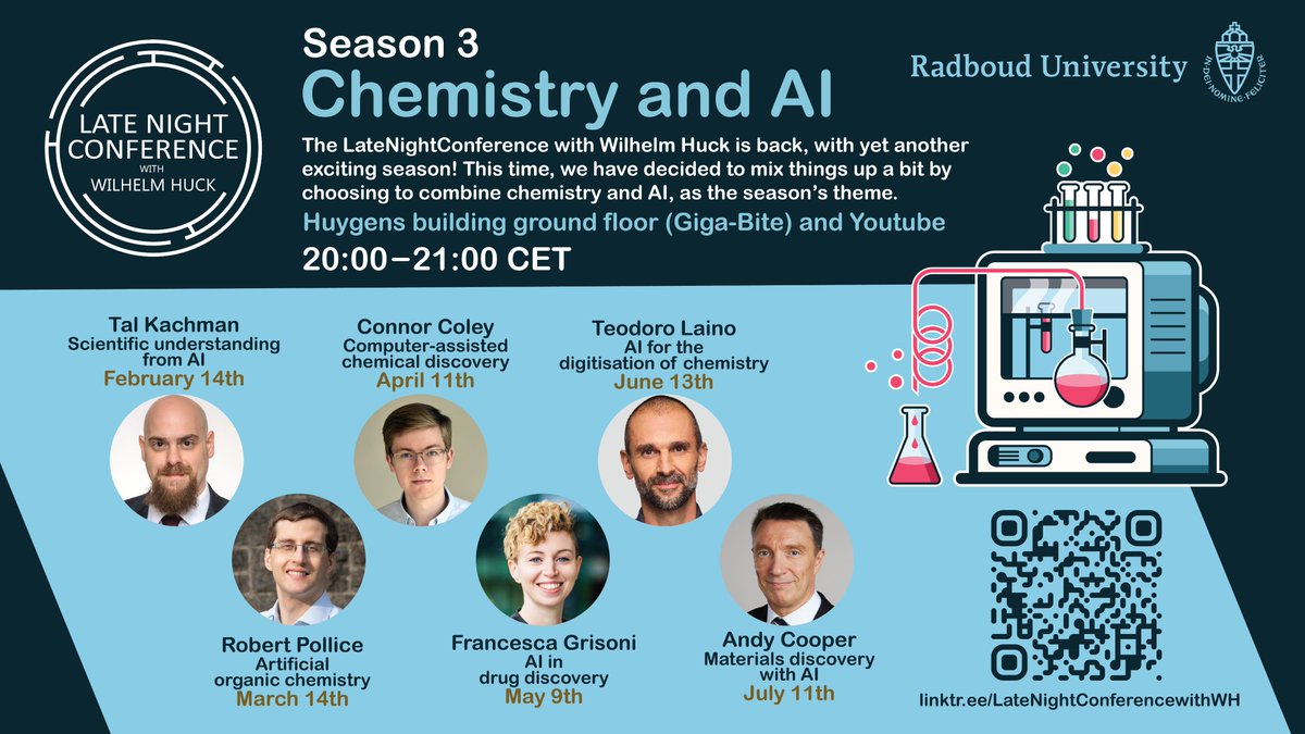 Huck Group (@huckgroup) on Twitter photo Another year passed and Late Night Conference is back in 2023!🎉This time, we'll combine Chemistry and AI! Our speakers are <a href="/TalKachman/">Tal Kachman</a> <a href="/KachmanLab/">KachmanLab</a> <a href="/robpollice/">Robert Pollice</a> <a href="/cwcoley/">Connor W. Coley</a> <a href="/fra_grisoni/">Francesca Grisoni</a> <a href="/teodorolaino/">Teodoro Laino</a> <a href="/aicooper/">Andy Cooper</a>
📢Free tickets/Youtube & more info:linktr.ee/LateNightConfe…
See you soon! Another year passed and Late Night Conference is back in 2023!🎉This time, we'll combine Chemistry and AI! Our speakers are <a href="/TalKachman/">Tal Kachman</a> <a href="/KachmanLab/">KachmanLab</a> <a href="/robpollice/">Robert Pollice</a> <a href="/cwcoley/">Connor W. Coley</a> <a href="/fra_grisoni/">Francesca Grisoni</a> <a href="/teodorolaino/">Teodoro Laino</a> <a href="/aicooper/">Andy Cooper</a>
📢Free tickets/Youtube & more info:linktr.ee/LateNightConfe…
See you soon!