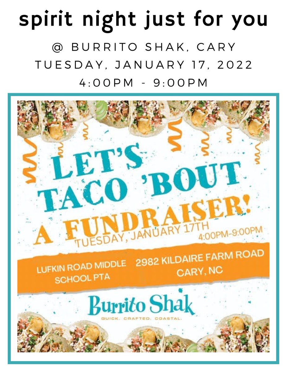 Lufkin Road Middle School PTA (@lufkinpta) on Twitter photo Spirit Night is TONIGHT! Tues, 1/17, 4-9 pm. Your purchase <a href="/burritoshak/">Burrito Shak</a> in Cary supports the students and staff at <a href="/lufkintweets/">Lufkin Road Middle School</a>! <a href="/GoLufkin/">GoLufkin</a> Spirit Night is TONIGHT! Tues, 1/17, 4-9 pm. Your purchase <a href="/burritoshak/">Burrito Shak</a> in Cary supports the students and staff at <a href="/lufkintweets/">Lufkin Road Middle School</a>! <a href="/GoLufkin/">GoLufkin</a>